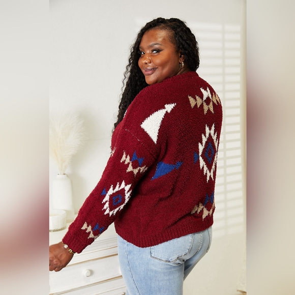 HEYSON Designer Wine Color Full Size Aztec Soft Plush Fuzzy Sweater - Picture 9 of 10